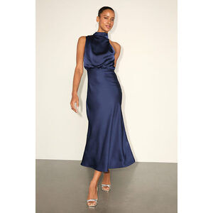 Lulus Distinctive Charm Navy Satin Asymmetrical Midi Dress Blue - Size S